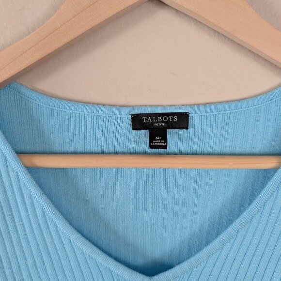 Talbots Blue Ribbed V-Neck Sweater Short Sleeve Layer‎ Classic Transitional MP - Picture 7 of 8